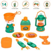 Детская посуда игрушка "Набор Туриста" с набором для пикника 14 предметов: лампа, примус, фляга, аптечка, сковорода, лопата, складной ножик, тарелка